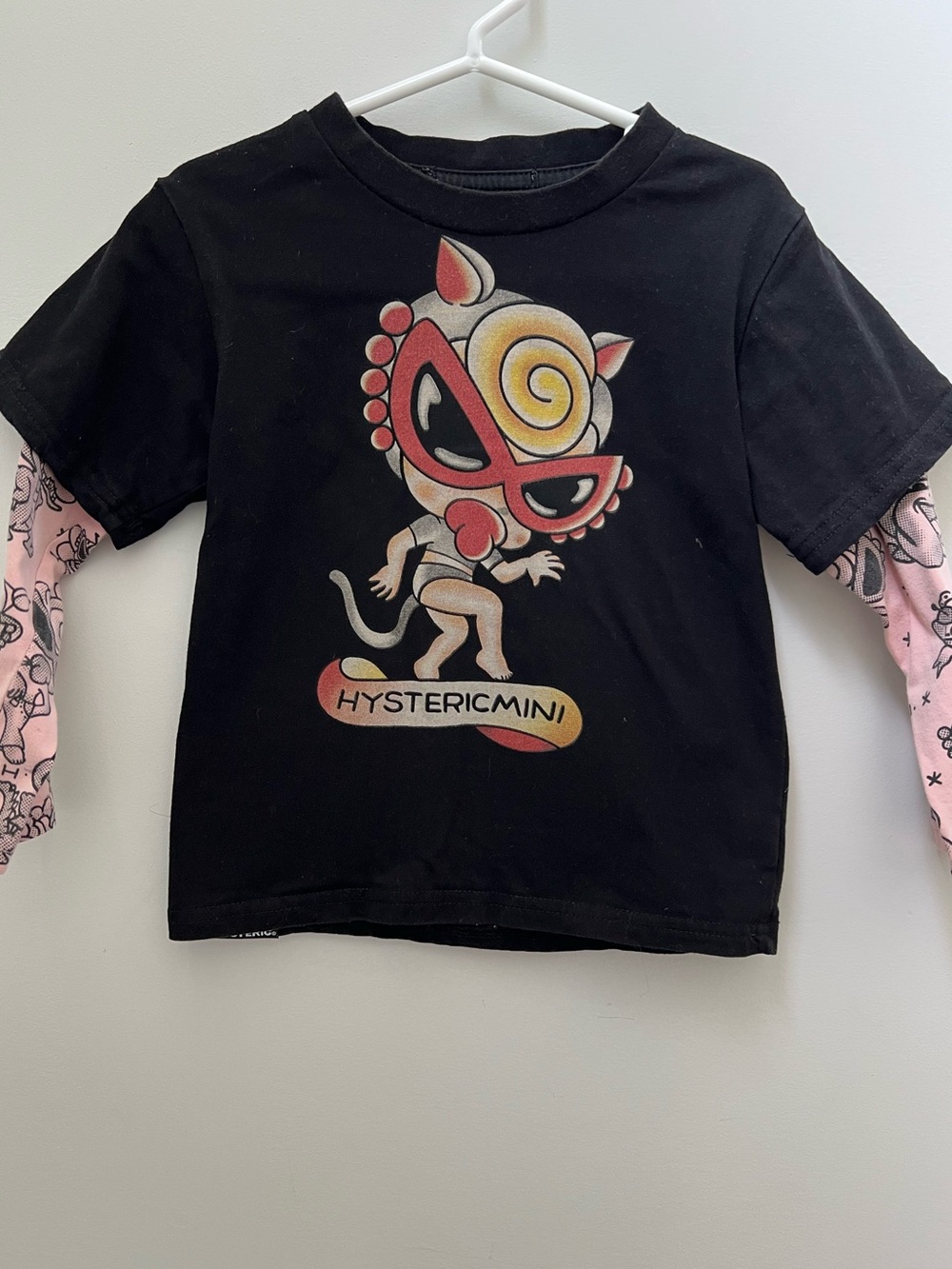 JAPAN Black Graphic Layered-Look Tee with Pink Sleeves